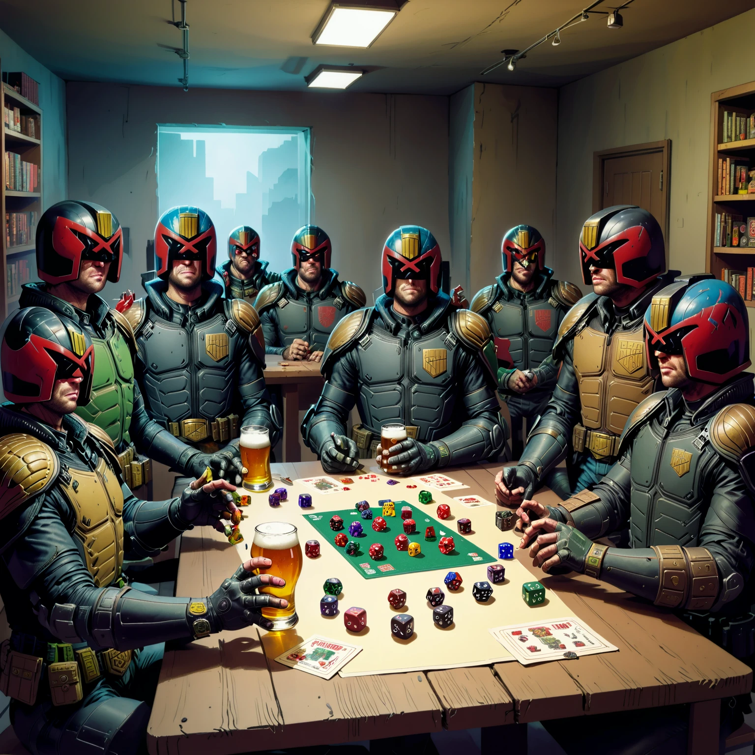 Dredd playing dungeons and dragons with a group of mutants, jdgdrdd, backroom, game night, beer, tabletop, dice,