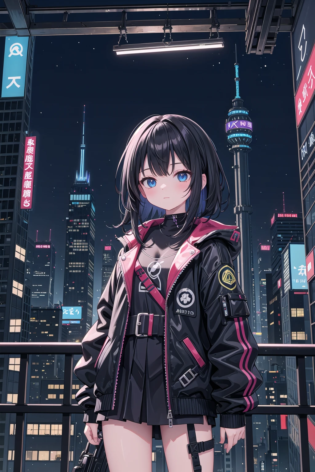 (masterpiece), cyberpunk, city, night, neon lights, city lights, 1girl, black hair, medium hair