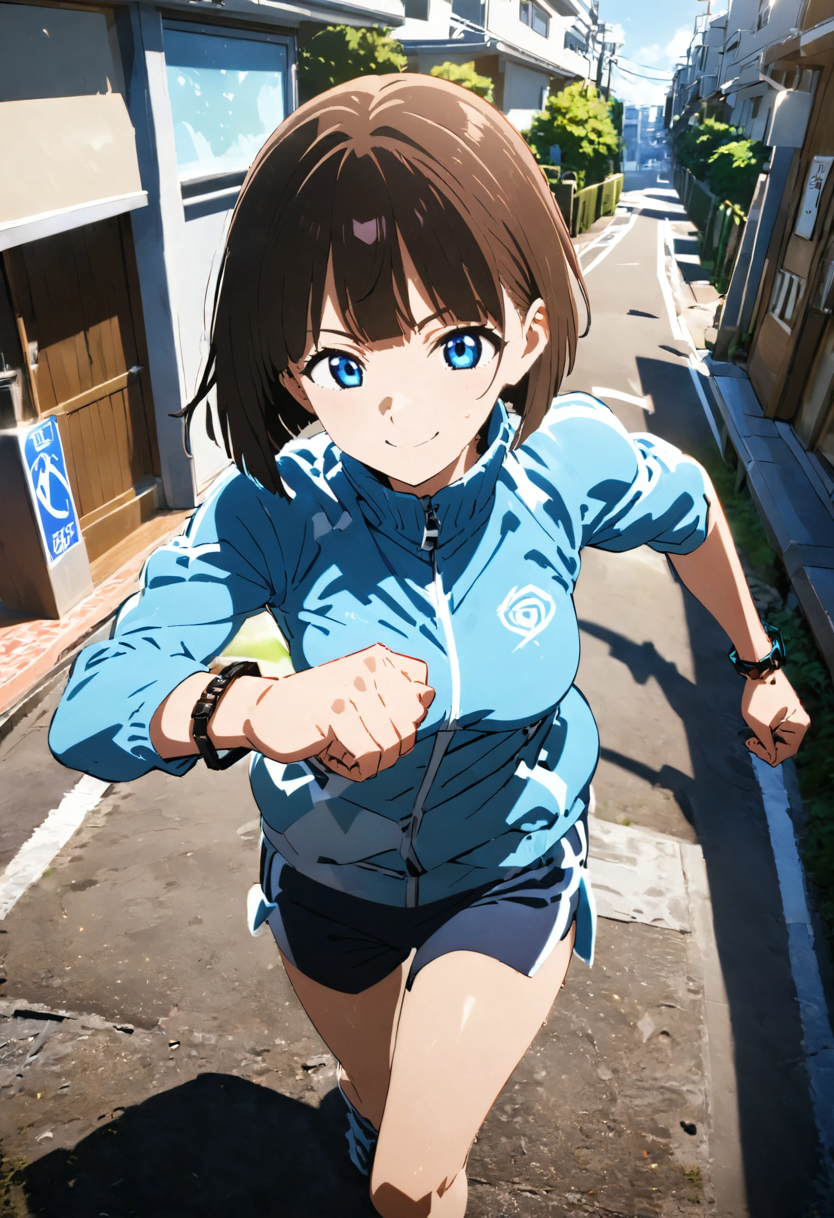 1girl, original, hirukawamaya, (solo:1.1), running, cownboy shot, athletic, medium breasts, blunt bangs, bob cut, futuristic black bracelet on right wrist,smile, fired up, happ, enthusiastic,  determined,  sweat, blue track suit,  detailed ultra photorealistic suburb, shrot modern houses, street sign, Tokyo, noon, summer, cinematic angle, ,cinematic lighting, great lighting, perfect hands, detailed body, detailed shadows, anime artwork, anime style, key visual, vibrant, studio anime, highly detailed, newest, recent, anime coloring, masterpiece, best quality, very aesthetic, absurdres <lora:xl_more_art-full_v1:0.8> <lora:hand5:1>  <lora:hirukawamaya-000030:1> <lora:great_lighting:4> <lora:hinaMaybeBetterPoseXL_v2_rank32:0.4>