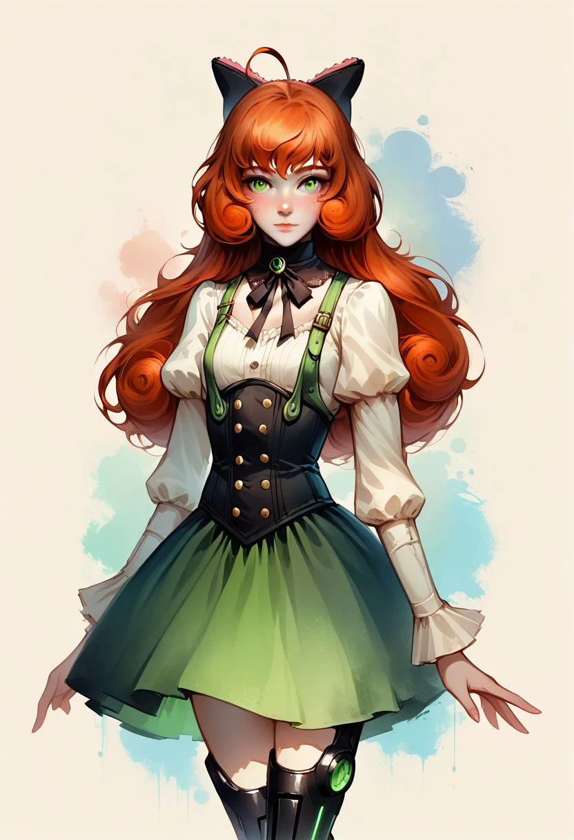 Faded Headshot, faded bottom, faded edges ,score_9,score_8_up,score_7_up,score_6_up,score_5_up,
1girl, Penny Polendina, \(RWBY\),(ultra HD quality details), green eyes, ginger hair,
long hair, 
neck ribbon, suspender skirt, corset, white blouse, long sleeves, mechanical legs, neon trim, black bow,
perfect anatomy, perfect face, abstract beauty, beautiful, centered, looking at the camera, approaching perfection, dynamic, moonlight, highly detailed, watercolor painting, artstation, concept art, smooth, sharp focus, illustration, 
small breasts,