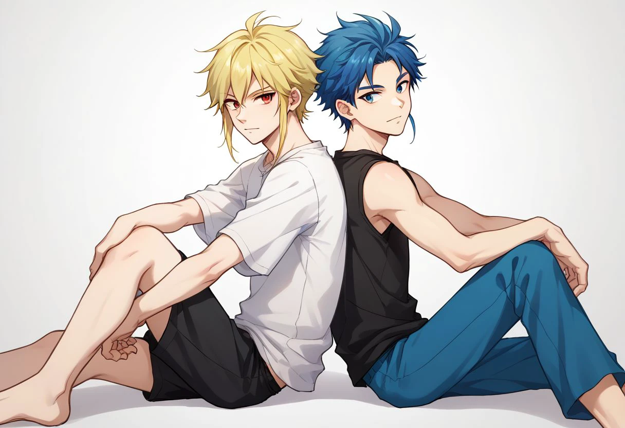 score_9, score_8_up, source_anime, highly detailed, 
multiple boys, 2boys, blonde hair, blue hair, blue eyes, sitting, male focus, t-shirt, sleeveless, red eyes, back-to-back,