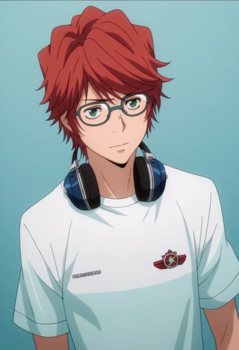 score_9, score_8_up, score_7_up, score_6_up, highly detailed, masterpiece, best quality,detailed,intricate details, amazing quality, best aesthetic, absurdres, shoichi irie, red hair, green eyes, glasses, 1boy, male focus, solo, headphones around neck, t-shirt<lora:EMS-391474-EMS:1.000000>