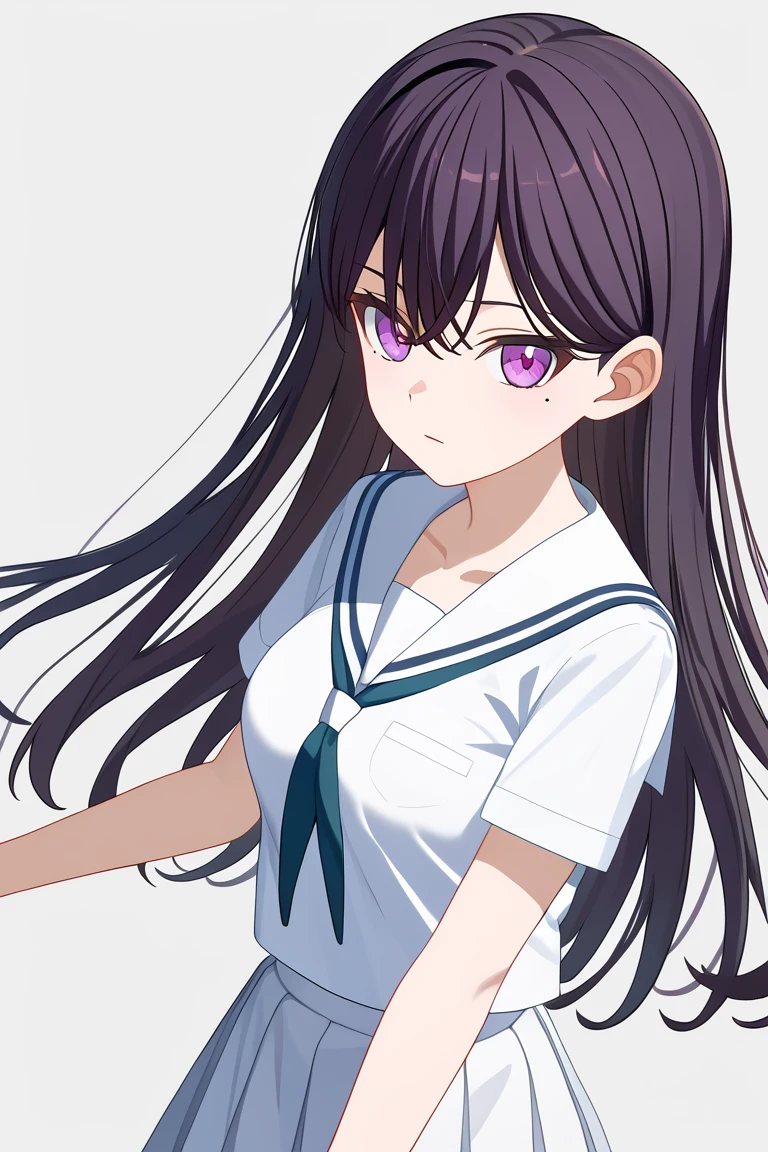 <lora:Shiina_Taki_PonyXL:1>, shiina taki, 1girl, solo, long black hair, mole, mole under eye, purple eyes, serafuku, white shirt, white skirt, simple grey background, aged up, medium breasts,, best quality, masterpiece, highres,