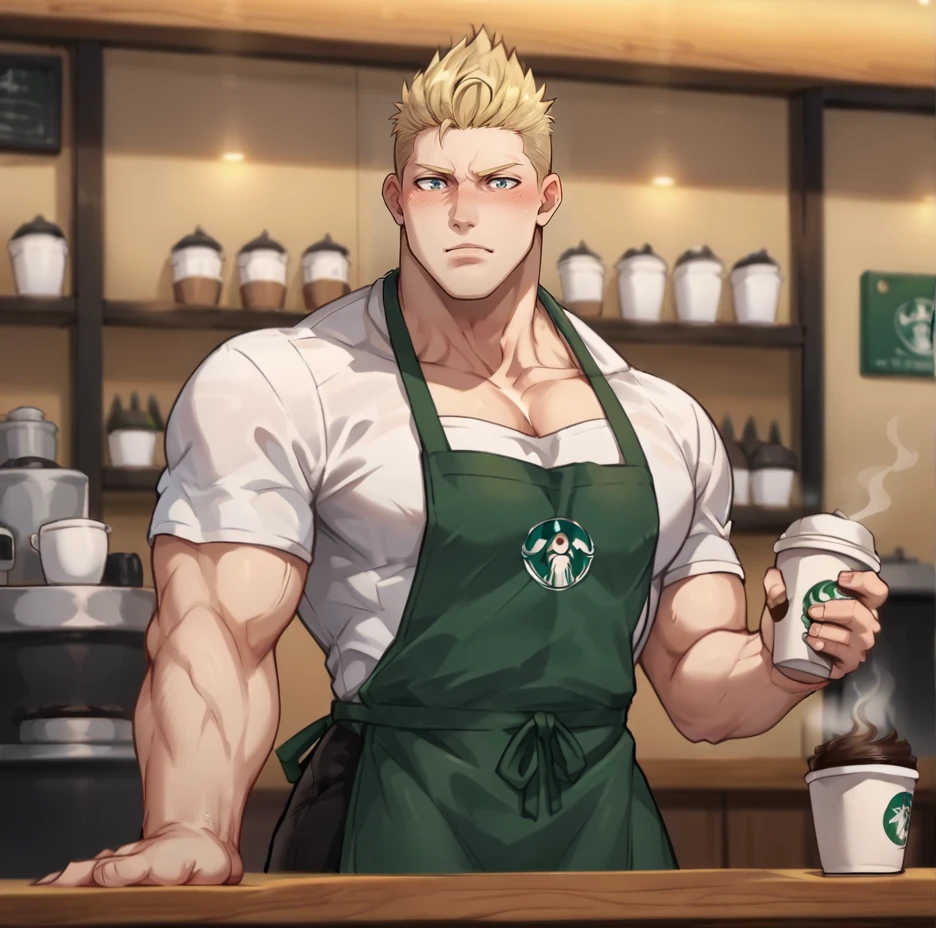 score_9, score_8_up, score_7_up, score_6_up, score_5_up, score_4_up,
dudleyka, male focus, 1boy, solo, muscular, blonde hair, coffee shop, uniform, apron, bashful, blush, 
 <lora:Adam_Dudley:0.7>