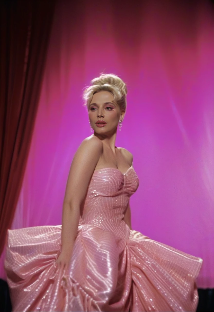 <lora:TechnicolorHeaven:0.8> techniheav, a woman, blonde hair, updo, pink glamorous dress, performer, on stage, solo, film still, close-up, glow