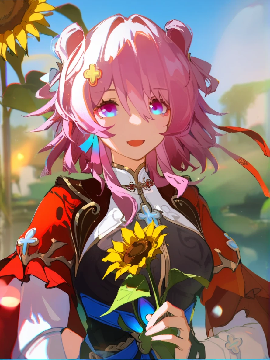 1girl,
march 7th \(honkai: star rail\),
solo, red sleeves, flower, sky, day, depth of field, lens flare, bokeh, chromatic aberration, pink hair, two-tone eyes, sunflower, medium hair, blue sky, holding flower, outdoors, blue eyes, smile, open mouth, detached sleeves, purple eyes, holding, dress, upper body, white dress, looking at viewer,
safe
<lora:mki-ani31-march_7th_The_Hunt-v2-000025:1> <lora:mki-ani31-ahriii-v1-000125:1>