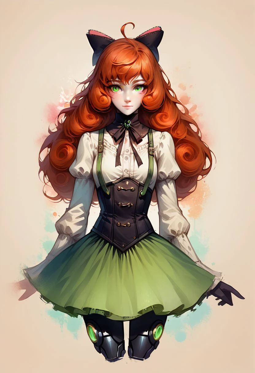 Faded Headshot, faded bottom, faded edges ,score_9,score_8_up,score_7_up,score_6_up,score_5_up,
1girl, Penny Polendina, \(RWBY\),(ultra HD quality details), green eyes, ginger hair,
long hair, 
neck ribbon, suspender skirt, corset, white blouse, long sleeves, mechanical legs, neon trim, black bow,
perfect anatomy, perfect face, abstract beauty, beautiful, centered, looking at the camera, approaching perfection, dynamic, moonlight, highly detailed, watercolor painting, artstation, concept art, smooth, sharp focus, illustration, 
small breasts,