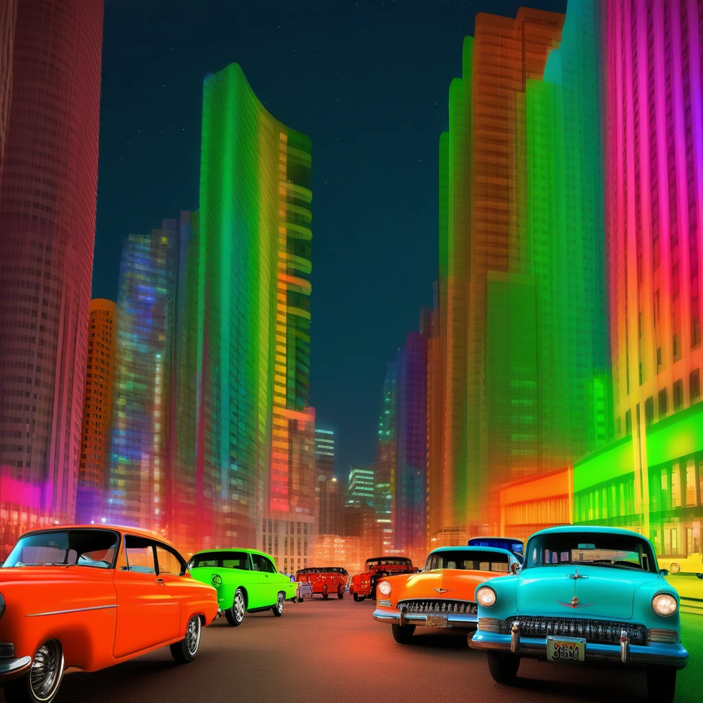 colorful cityscape at night, cars