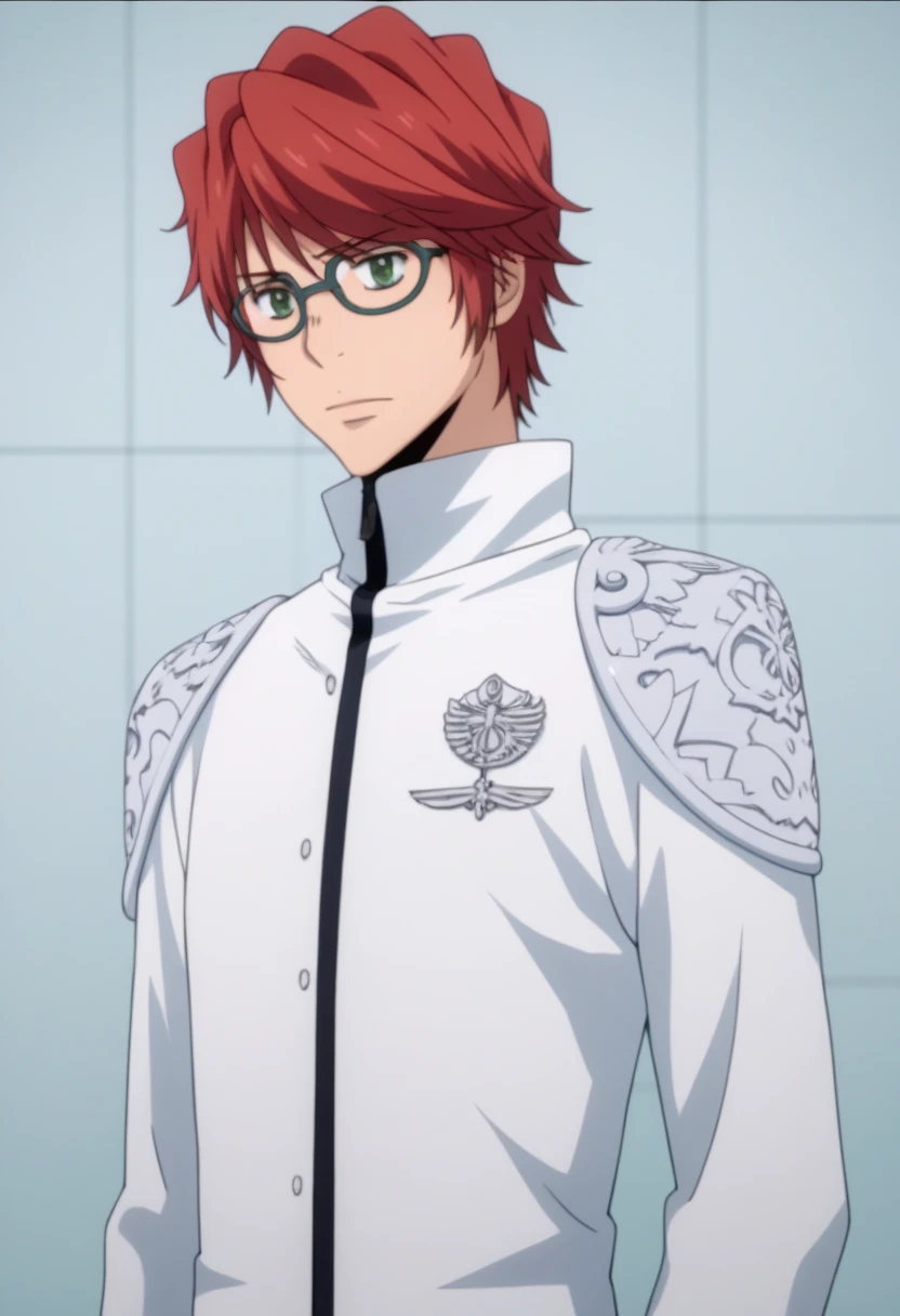 score_9, score_8_up, score_7_up, score_6_up, highly detailed, masterpiece, best quality,detailed,intricate details, amazing quality, best aesthetic, absurdres, shoichi irie, red hair, green eyes, glasses, 1boy, male focus, solo, uniform, armor<lora:EMS-391474-EMS:1.000000>