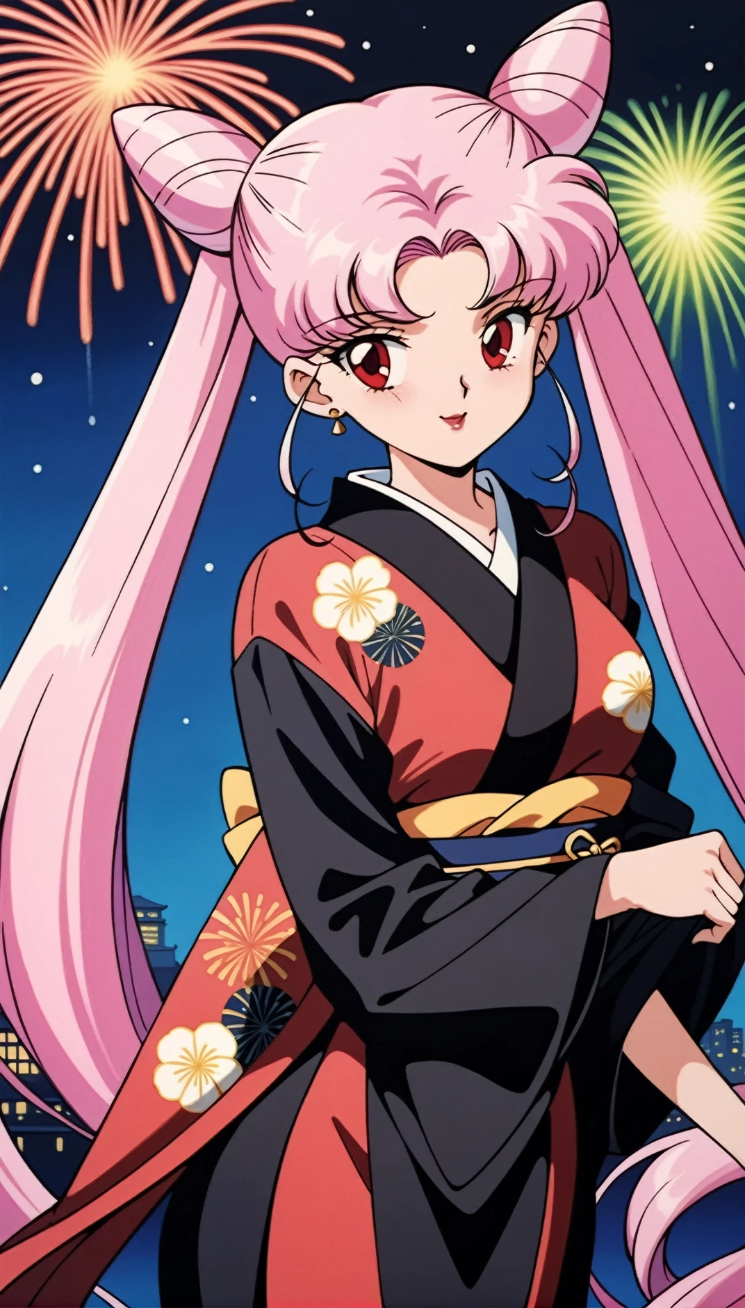 masterpiece,best quality,very aesthetic,ultra detailed,intricate details,<lora:Black Lady1:0.8>,1990s \(style\),Black Lady1,1girl,solo,pink hair,cone hair bun,long hair,hair bun,double bun,red eyes,twintails,very long hair,kimono,firework background,cowboy shot,