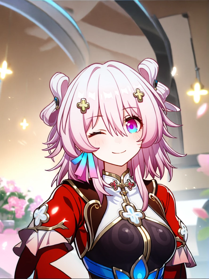 1girl, 
march 7th \(honkai: star rail\),  
solo, red sleeves, long sleeves, shirt, medium hair, pink eyes, single earring, black choker, jewelry, jacket, blue eyes, pink hair, blue jacket, earrings, upper body, one eye closed, looking at viewer, white shirt, two-tone eyes, flower, choker, hand up, buttons, closed mouth, hair between eyes, light blush, collarbone, white flower, smile, 
  safe
 <lora:mki-ani31-march_7th_The_Hunt-v2-000025:1>