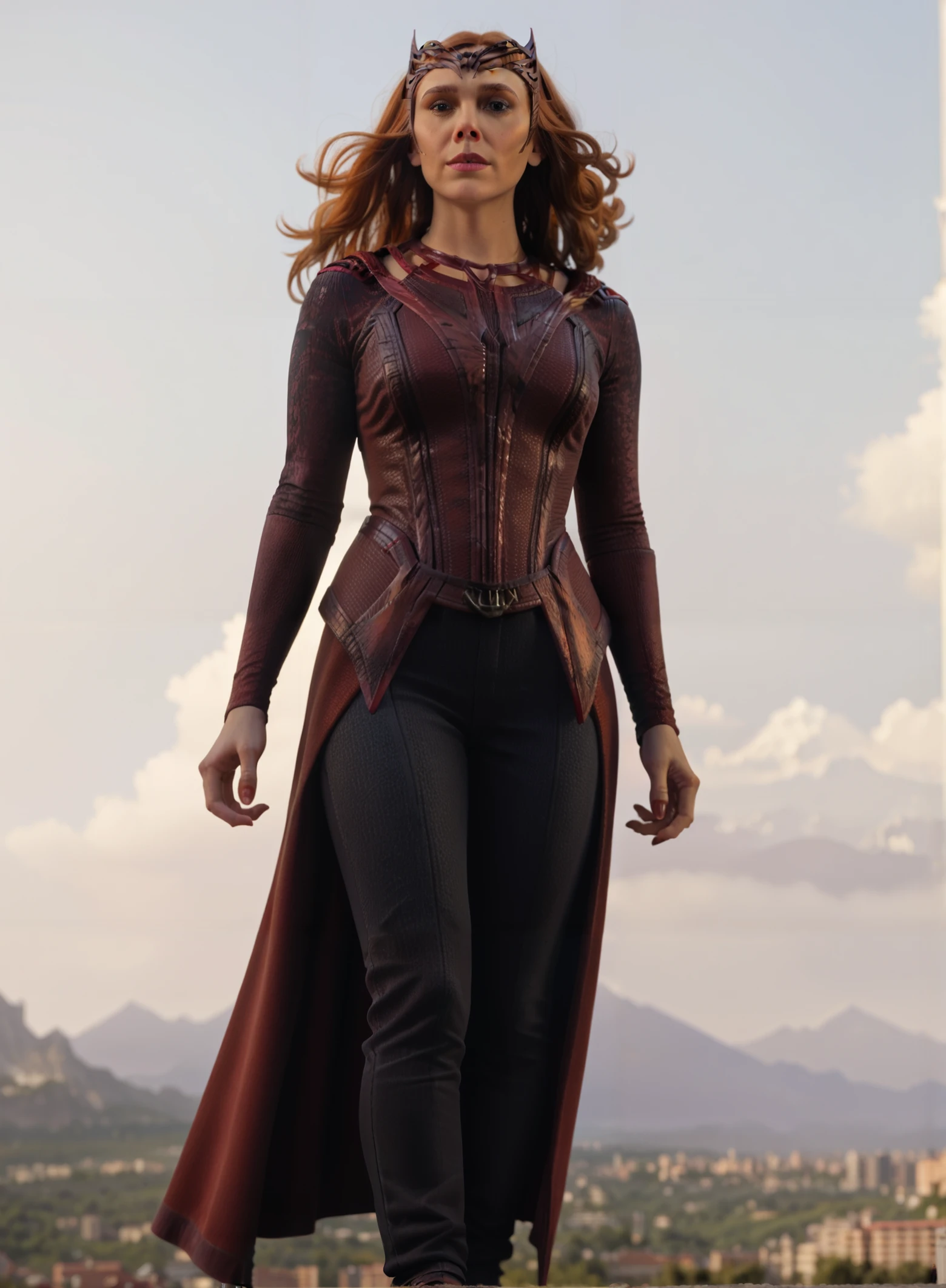 <lora:Scarlet_Witch:0.65> scarlet_witch, image of a woman standing in front of a city, full body image, mountains, sky background, orange hair, red suit, pants, cape, looking at the viewer, score_9, score_8_up, score_7_up, score_6_up, score_5_up, score_4_up