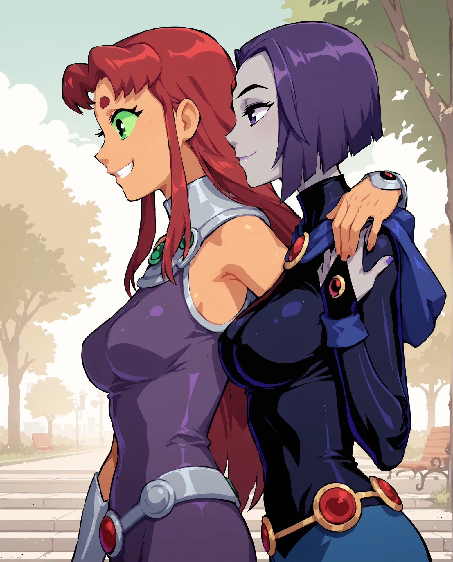 score_9, score_8_up, score_7_up, source_cartoon BREAK 2girl, Starfire, Raven (dc), from side, profile, breasts, perky breasts, smile, happy, hand on another's shoulder, upper body, purple hair, red hair, long hair, short hair, <lora:Side_view_two_character:1>, park, outdoors, rating_questionable
