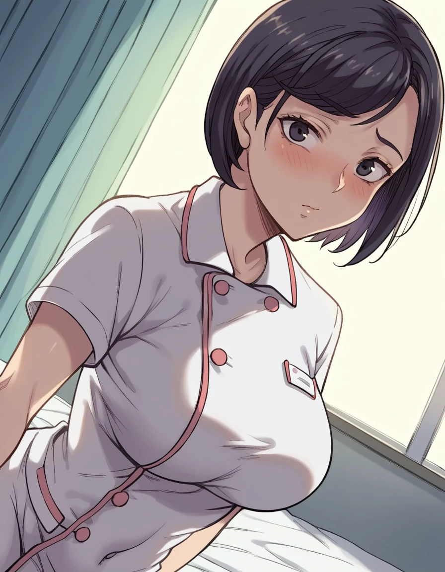 (8K、Highest quality、highest quality、masterpiece)、Detailed face、One girl、 Black Hair、short hair、、blunt bangs、Grey Eyes、((Grin))、((White nurse uniform))、((Mini skirt with holes))、Cowboy Shot、((bent over))、hospital、Hospital room、Very large breasts、cheeks are bright red、Blushing、in trouble、White nurse uniform、nurse、Cleavage、Nipples are visible、Breasts on tray、Milk coming out of the nipple、Milk drips from the nipples、Embarrassed、Embarrassed、in trouble