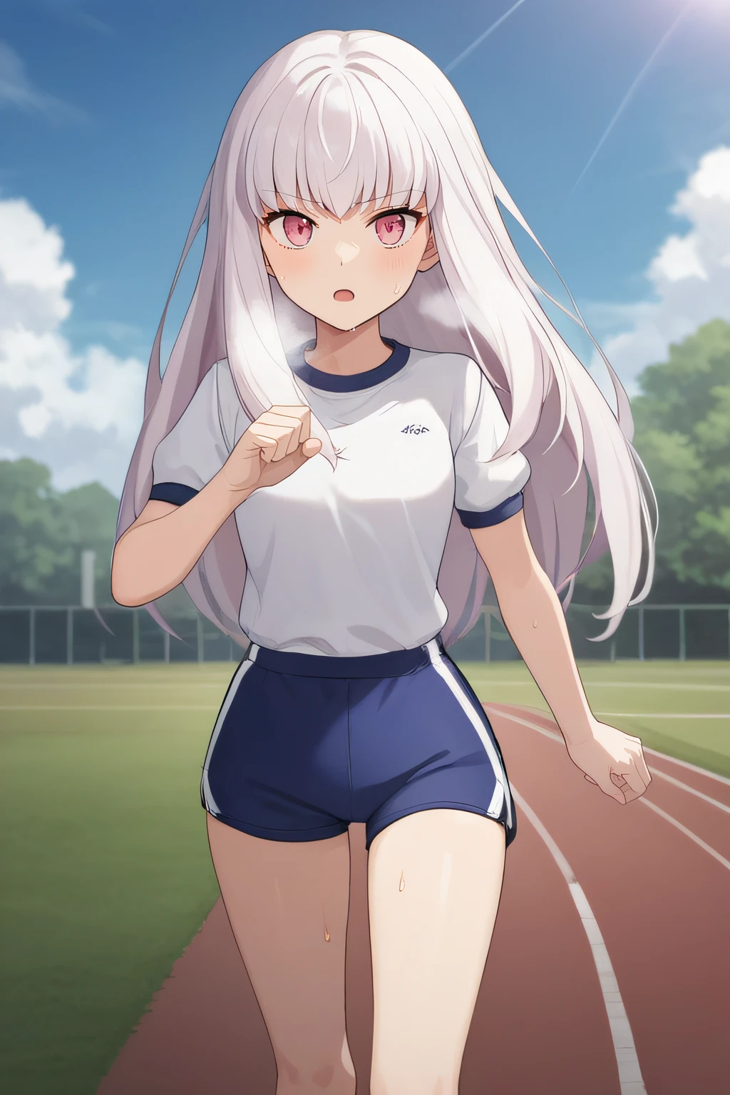 score_9, score_8_up, score_7_up, source_anime, rating_safe, intricate details, anime screencap, official style, <lora:PONY_Lysithea:0.9>, lysithea, white hair, long hair, pink eyes, looking at viewer, short sleeves, white t-shirt, gym uniform, blue bloomer, shorts, outdoor, five fingers, cowboy shot, running, exhausted, heavy breath, open mouth, breathing, sweat, sweaty body, five fingers