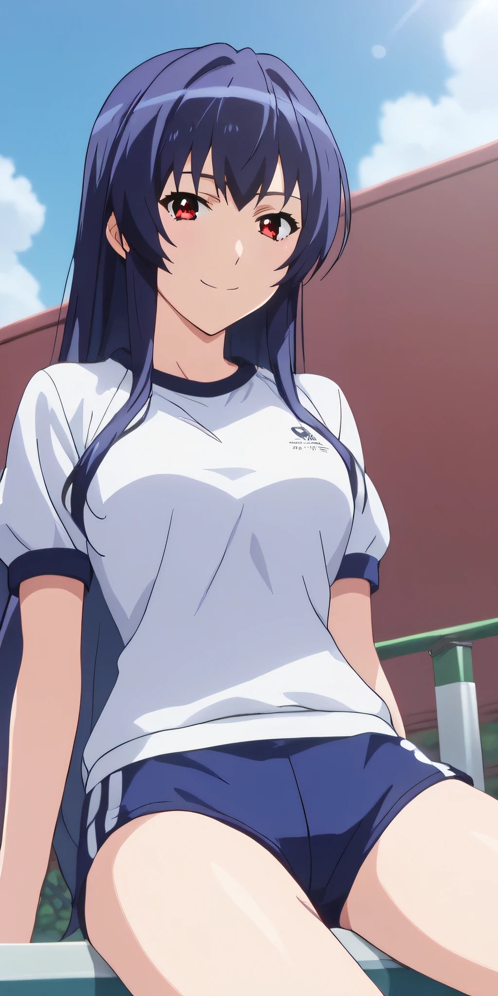 score_9, score_8_up, score_7_up, source_anime, rating_safe, intricate details, anime screencap, official style, <lora:PONY_Higashide_Kei:1>, kei, long hair, blue hair, red eyes, looking at viewer, short sleeves, white t-shirt, gym uniform, blue bloomer, shorts, outdoor, arms at sides, sitting, cowboy shot, smile, naughty face, from below