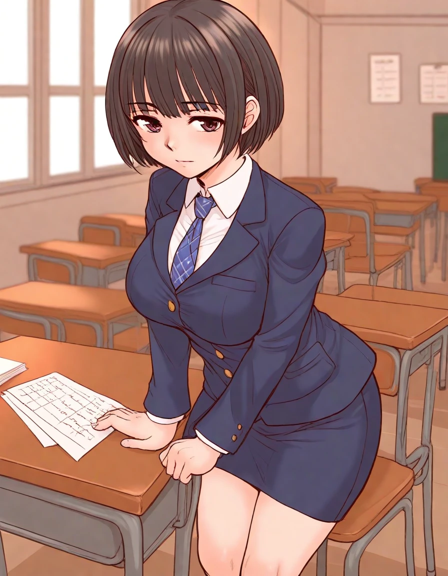 <lora:Hyper-SDXL-8steps-lora:1>, source_anime, score_9,
1girl,school teacher, business suites , hip,, large breasts, desk,necktie, short hair, 
school room,
<lora:Anime_pat-000002:0.3>,
, <lora:Fixhands_anime_bdsqlsz_V1:1>  
 <lora:OKINA_PONYXL:1>,