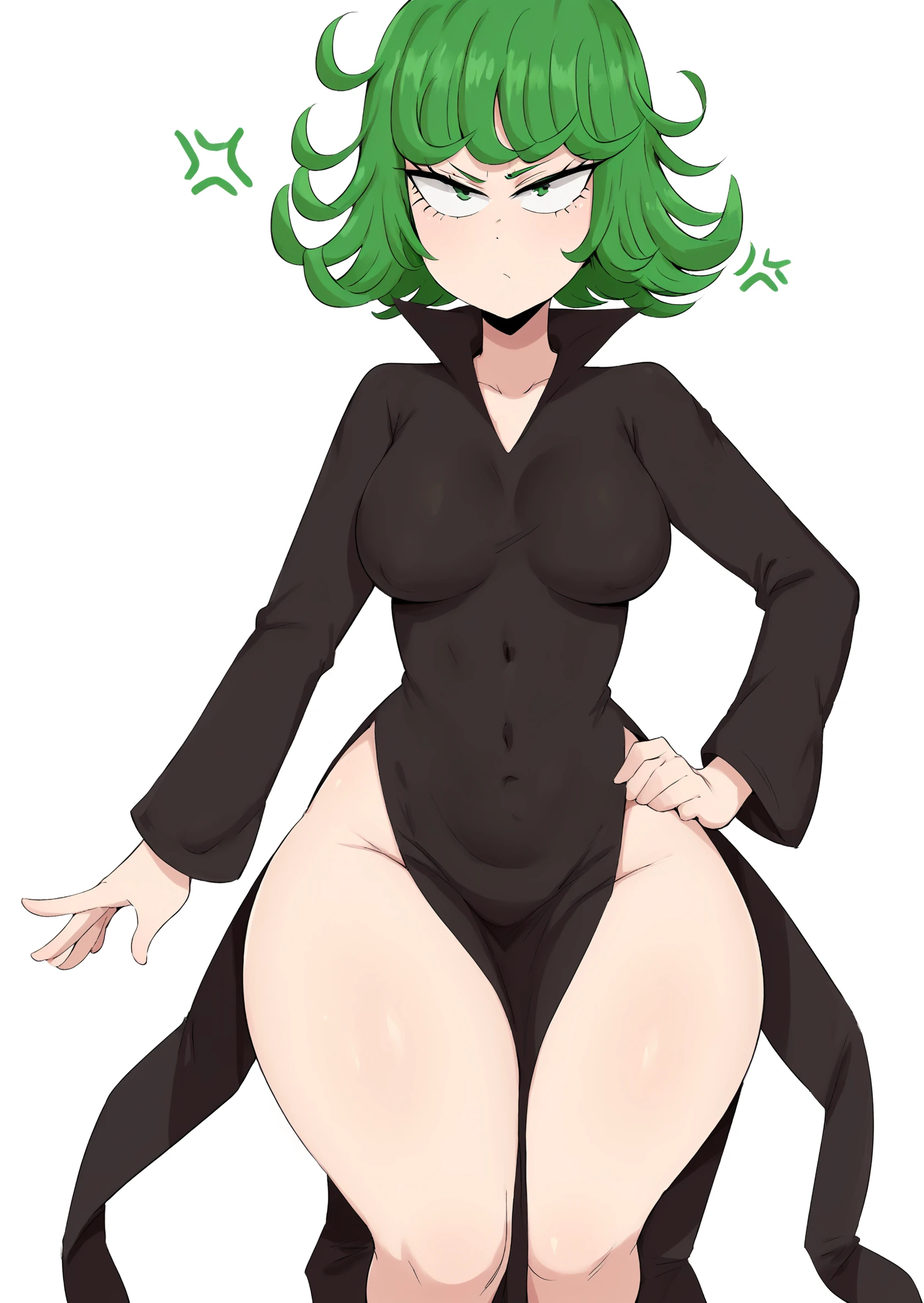 brandish, 1girl, solo, white background, anime coloring, , nude, navel, legs, nipples, scared, angry, looking up, pussy, green eyes, nude, armpits