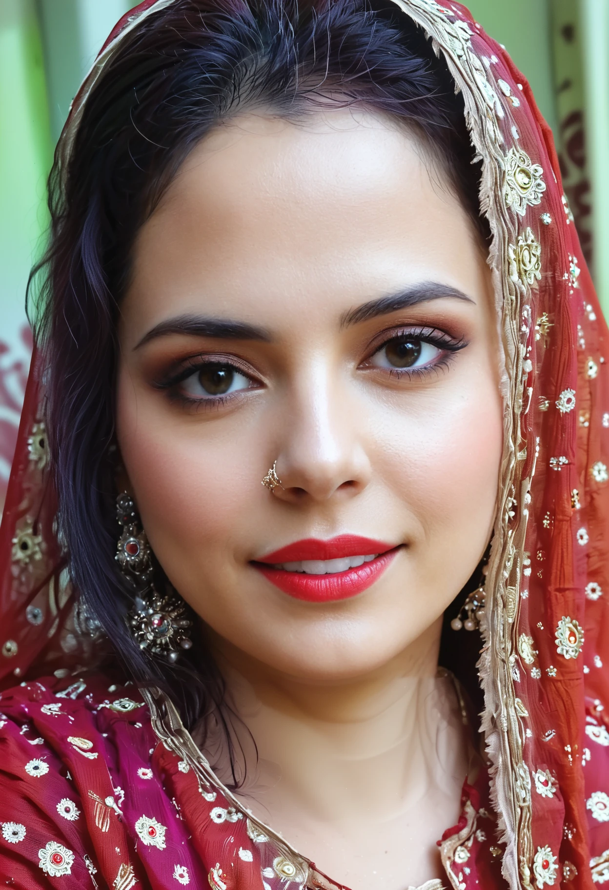 Hyperrealistic art Portrait of a beautiful Pakistani bride wearing a Red wedding dress, smiling, happy, 8K,Rich texture details, hyper detailed,, <lora:Sensual_Woman:1> . Extremely high-resolution details, photographic, realism pushed to extreme, fine texture, incredibly lifelike