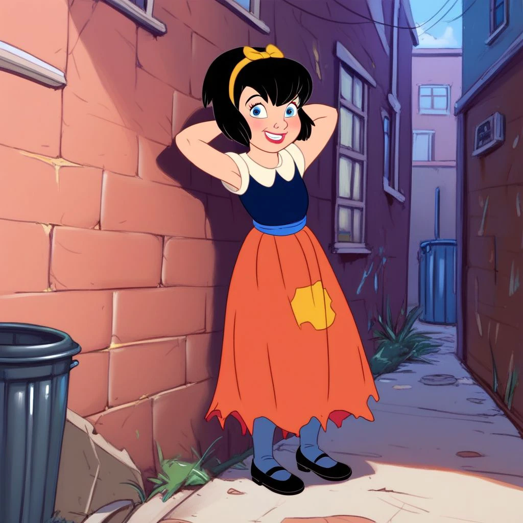 score_9, score_8, score_7, BREAK, female child, anne-marie, black hair, hairband, blue eyes, dress, hands behind head, smile, outdoors, back alley, trash can