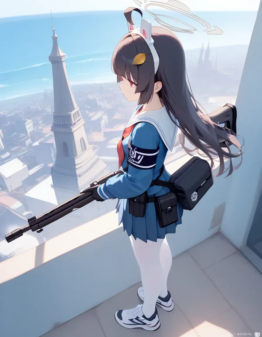 score_9, score_8_up, score_7_up, a girl holding a sniper rifle, from above, from side, looking away, dutch angle, standing on a clock tower, cityscape, ocean, <lora:miyu_blue archive_PONY_last:0.6> (miyu-default:1.2),, miyu \(blue archive\),red eyes,black hair,long hair,leaf on head,ahoge,fake animal ears,halo,sailor collar,pleated skirt,white pantyhose, sneakers,(black armband, black pouch:1.2),gloves,kneepad, (miyu-school:1.2), long sleeves,