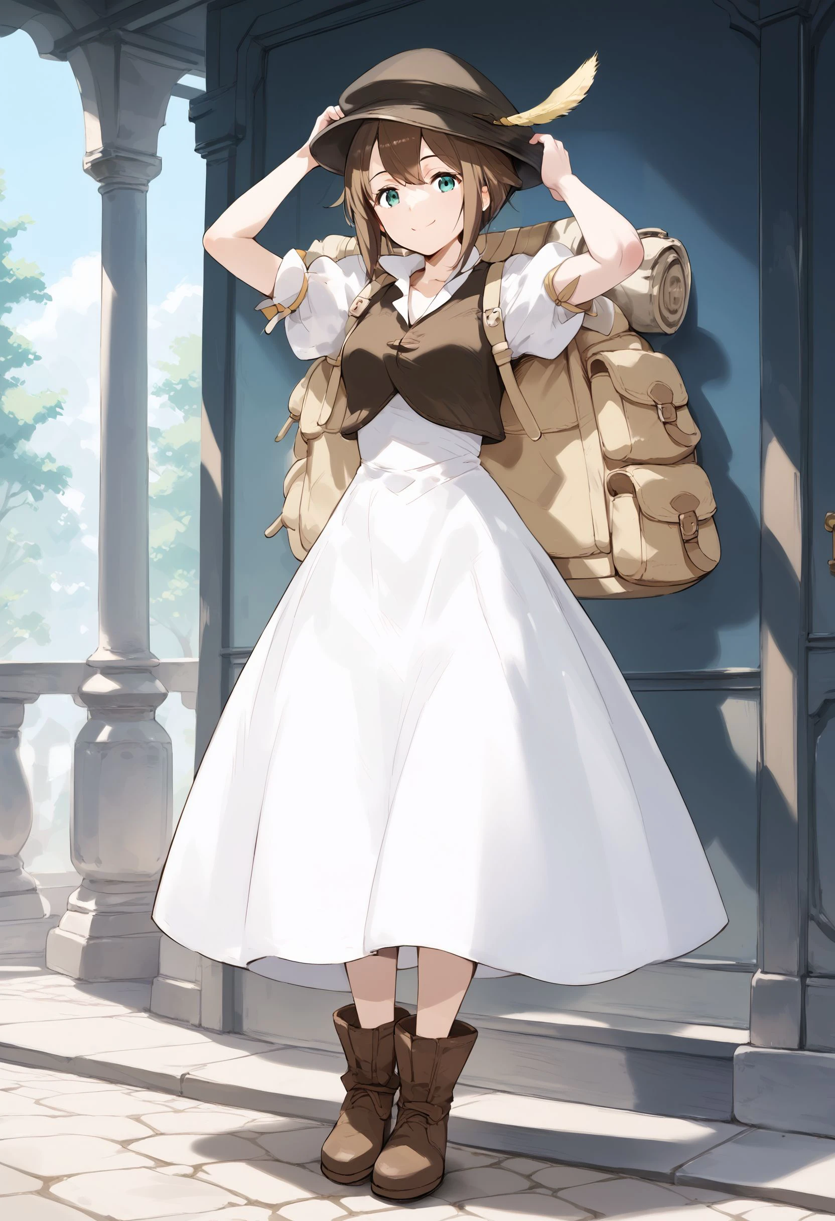 score_9, score_8_up, score_7_up, score_6_up, BREAK source_anime, best quality, masterpiece,
1girl,<lora:tressa colzionePonyXL:0.8>,tressa colzione,hat,hat feather,backpack,vest,dress,boots,full body,standing,smile,looking at viewer,hands on headwear