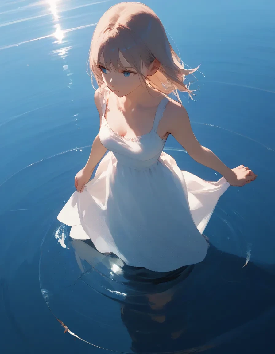 score_9, score_8_up, score_7_up, 1girl wading in a river, sundress, reflective water, from above, blue eyes, looking away, sunlight, lens flare, medium breasts, dutch angle,