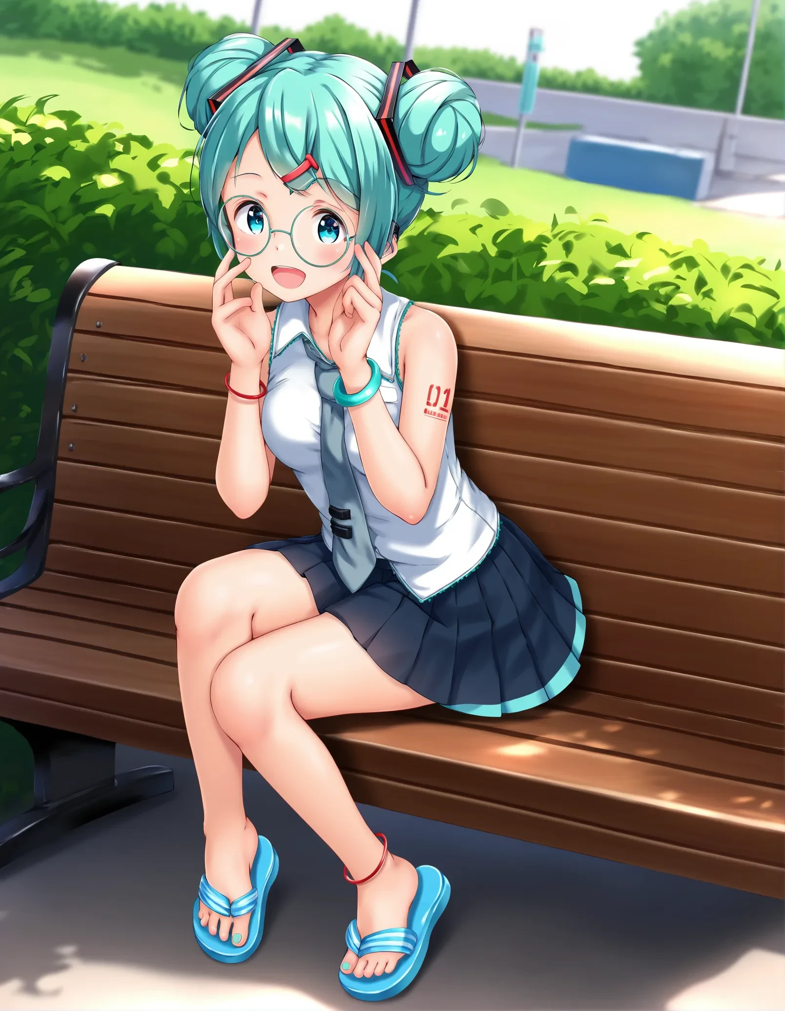 score_9, score_8_up, score_7_up, score_6_up,score_5_up,score_4_up,1girl sitting on a park bench, (hatsune miku:1.1), sandals, bracelet, hair ornament, hairclip, anklet, short hair, round eyewear, blue skirt, double bun, twintails, short twintails, swept bangs, pleated skirt, hair bun, smile, from side, upper body, medium breasts,  solo, dutch angle, hands on eyewear, open mouth, 
<lora:higegepon_style_pony6_v1:.8>