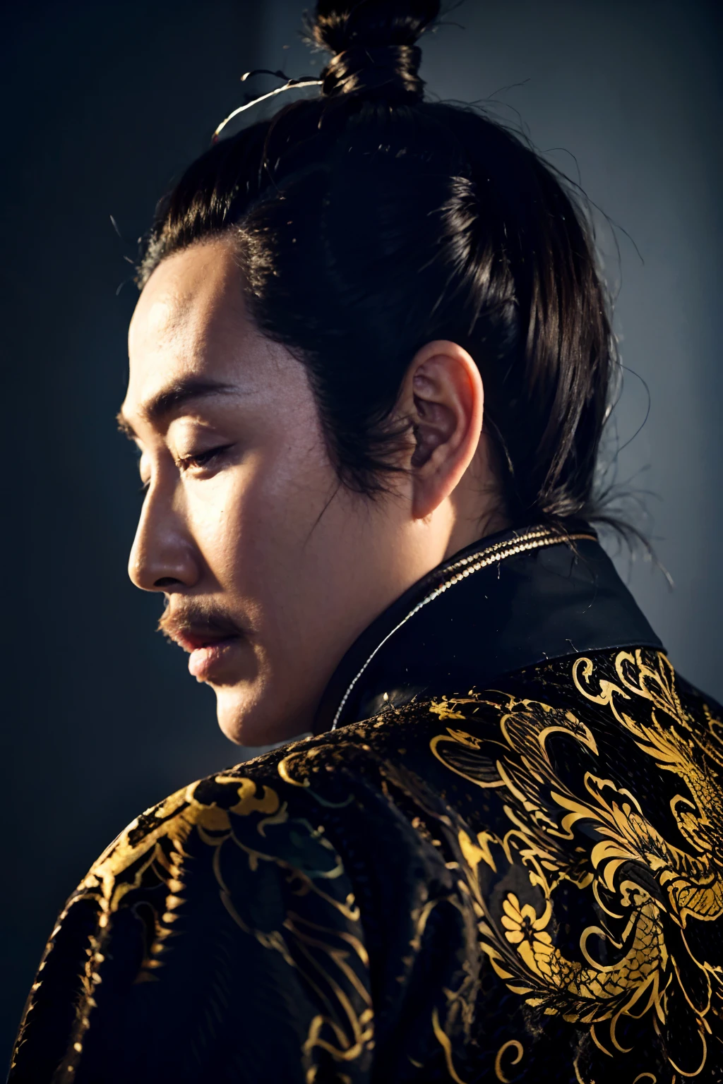 <lora:daoming1.0:0.75>,daoming,1boy,solo,male focus,short hair,closed mouth,topknot,hair stick,beard,
(dragon print:1.2),chinese clothes,black chinese clothes,
looking to the side,
profile,from behind,black background,upper body,
masterpiece,best quality,ultimate details,highres,8k,wallpaper,extremely clear,realistic,photorealistic,