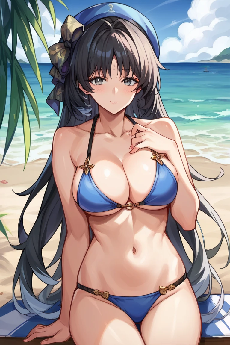 score_9, score_8_up, score_7_up, score_6_up, score_5_up, score_4_up, rating_questionable, , source_anime, digital illustration, pixiv, fanbox, uncensored, , BREAK, official art,
1girl, solo, mature female, yangyang, long hair, grey eyes, black hair, hat, blue headwear, hair intakes,
bikini, beach, ocean, outdoors, looking at viewer, colorful, vivid,,   <lora:YangYang_Pony-10:0.8>