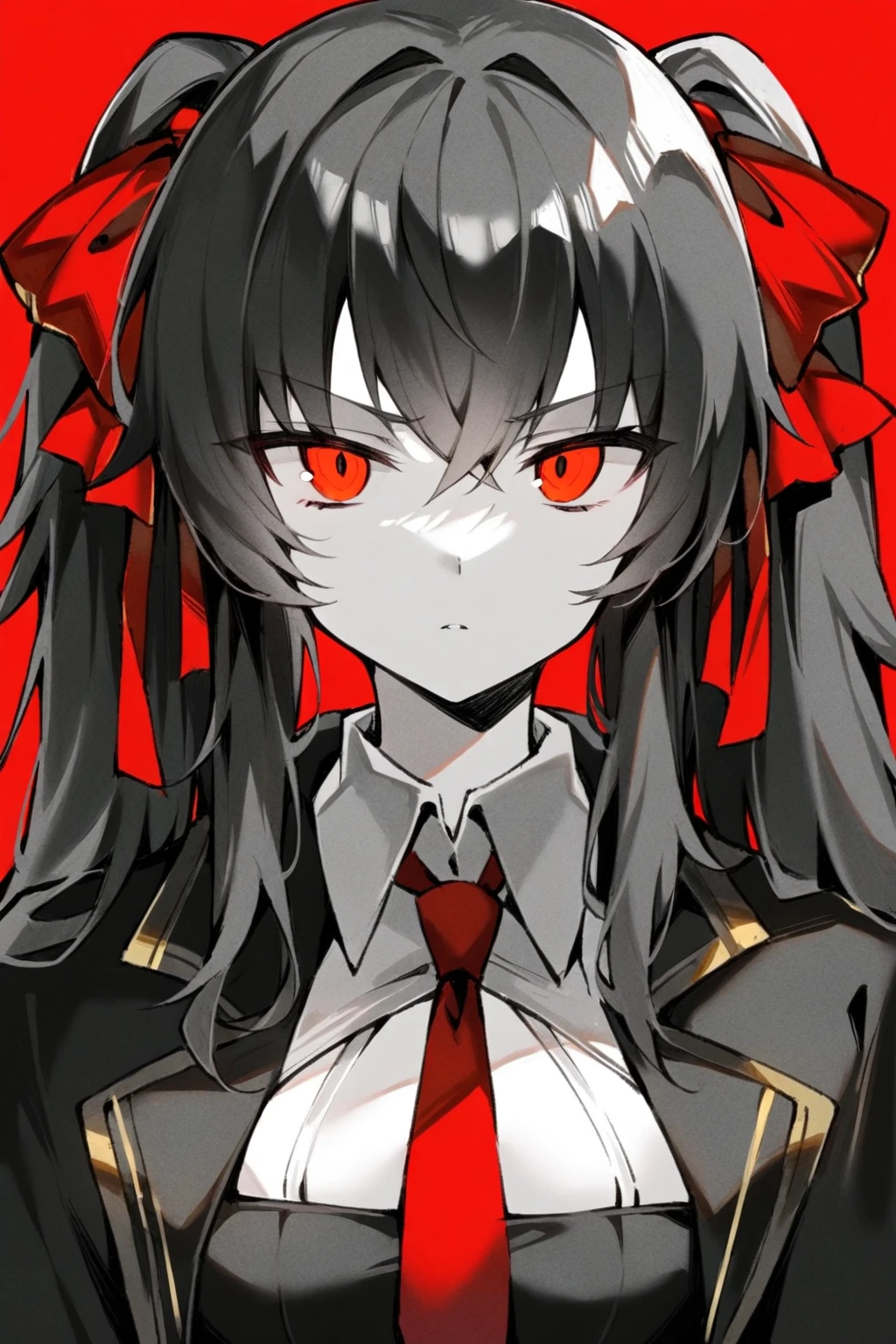 1girl, solo, type97, dark brown hair, amber eyes, twintails, long hair, red hair ribbon, black dress, black cloak, red necktie, death stare, stern, upper body, portrait, mature female, adult, red background, (spot color, monochorome, greyscale with colored background, greyscale), <lora:Type97XL:0.9>