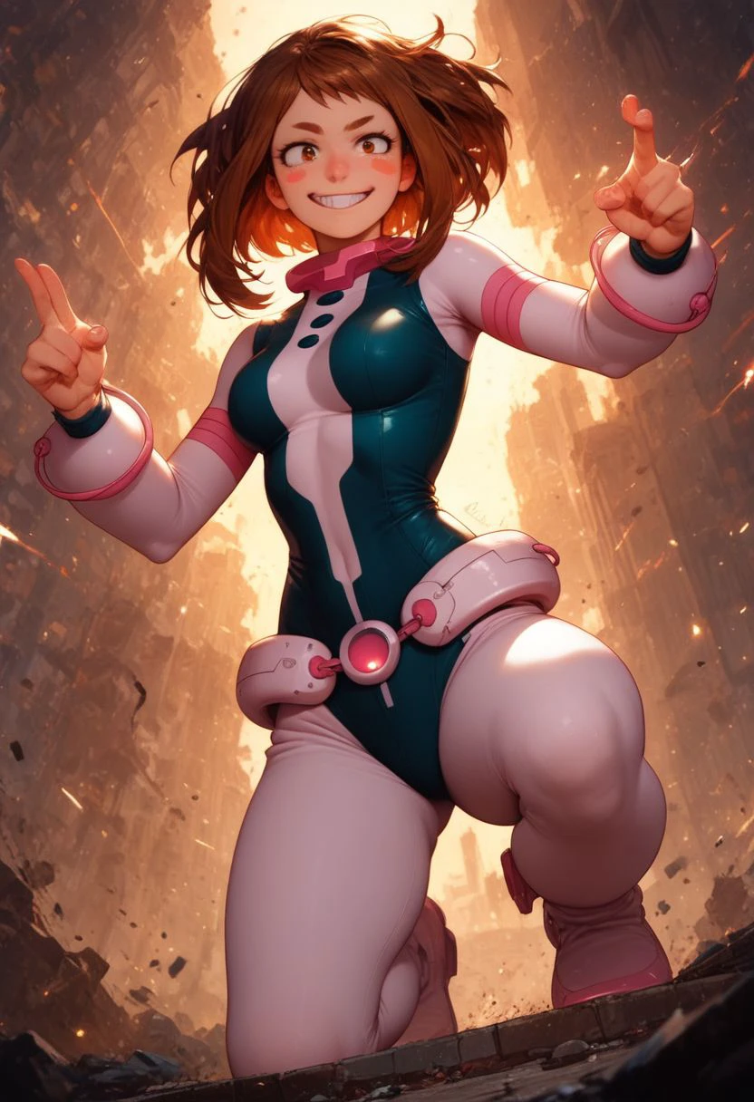 Action Scene, Action Pose, score_9, score_8_up, score_7_up, realistic, masterpiece, best quality, highly detailed, Expressiveh, flushed, Leg, 
1girl, ochako uraraka, \(My Hero Academia\)/,(ultra HD quality details), brown eyes, brown hair, short hair, blush, blush stickers,
superhero, bodysuit, skin tight, 
 Low Angle View, smug smiling, Bangs, darkness, blushed skin, galaxy vortex, translucent hair, smug Smile,