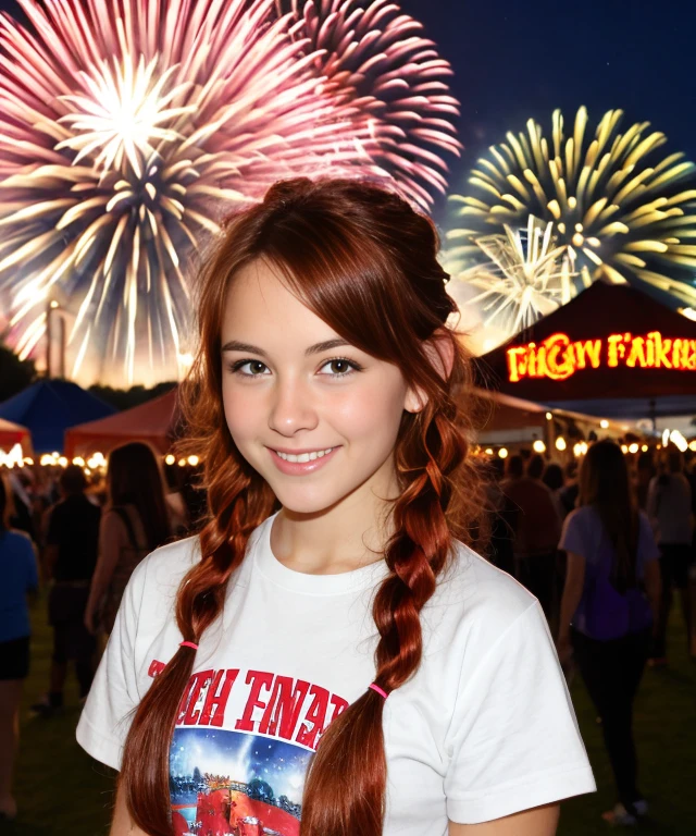 Fit college woman red long wavy hair braided pigtails at festival with Farris wheel in background happy fun crowd and fireworks