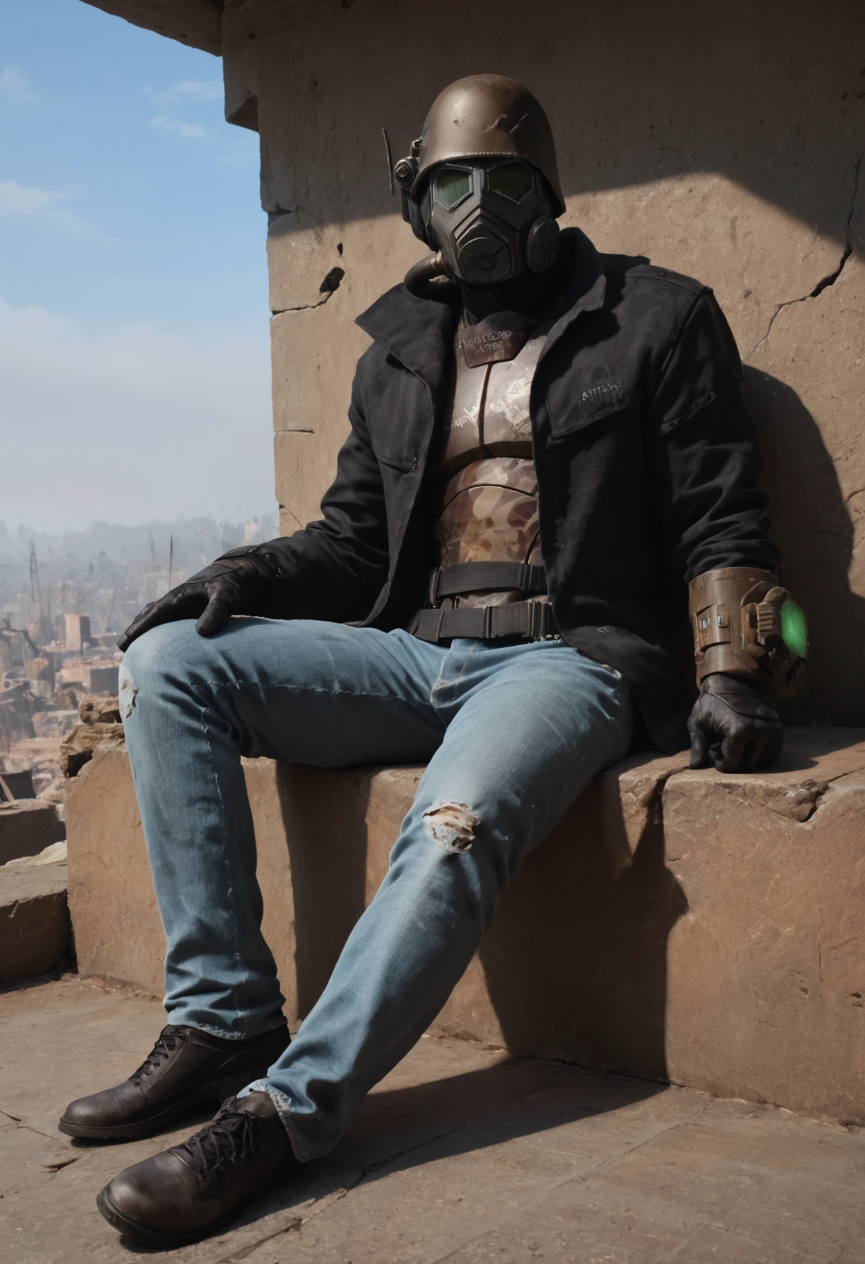 (score_9, score_8_up:1.1), score_7_up, realistic photograph
d3sertranger, helmet, 1boy, reclining male solo, (muscular), black gloves, gas mask, black jacket, jeans, full body, front view, night starry_sky sunset city ruins, <lora:desert_ranger_v1.1_pony-000006:1>