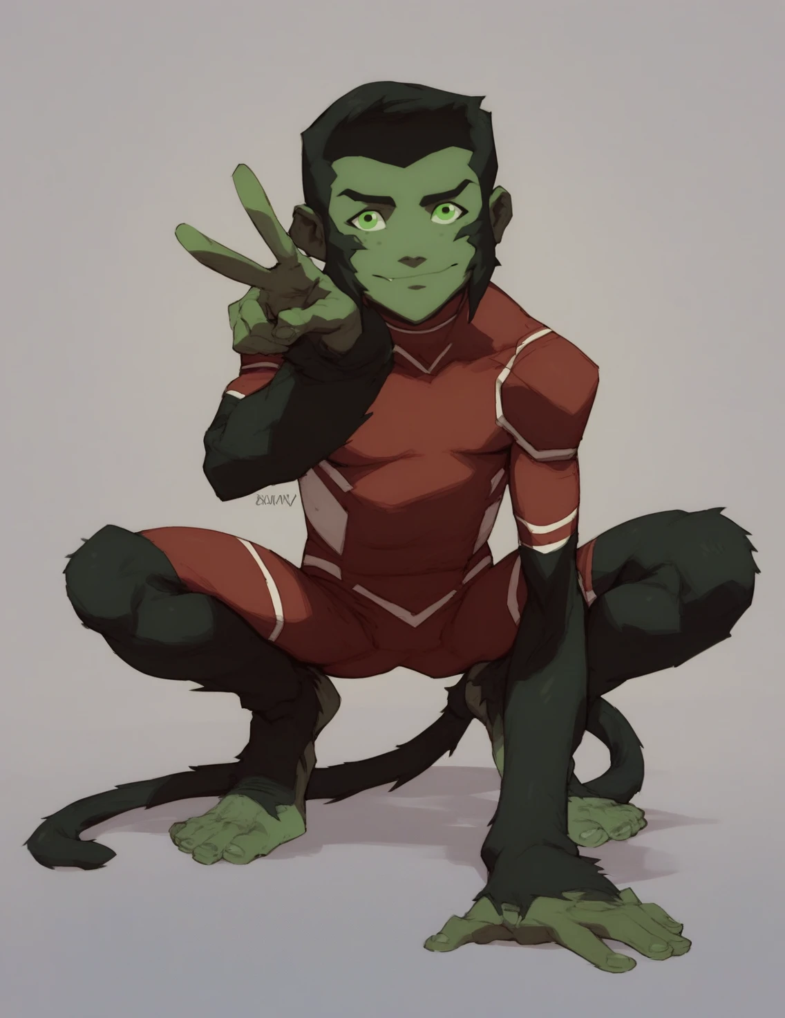 <lora:Beast_Boy_2:1> score_9, score_8_up, score_7_up, beast boy, solo, short hair, black hair, 1boy, green eyes,bodysuit, green skin, tail, squatting, looking at viewer, v, spread legs,