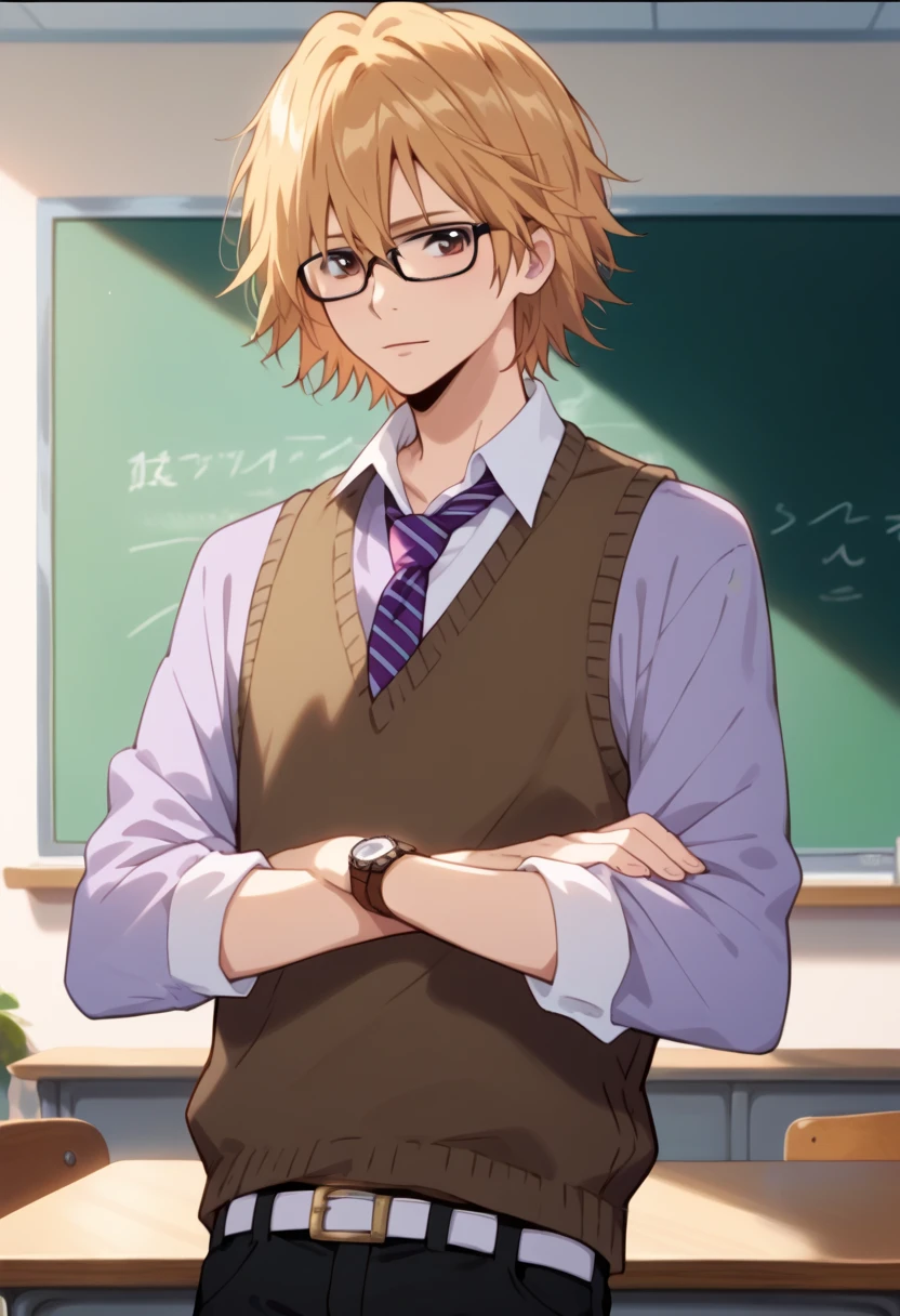 score_9, score_8_up, score_7_up, score_6_up, highly detailed, masterpiece, best quality,detailed,intricate details, amazing quality, best aesthetic, absurdres,dino, blonde hair, brown eyes, male focus, solo, (teacher, glasses, wristwatch, light purple shirt, longs sleeves, white belt, black pants, brown sweater vest, sleeves), striped necktie, purple necktie<lora:EMS-391456-EMS:1.000000>