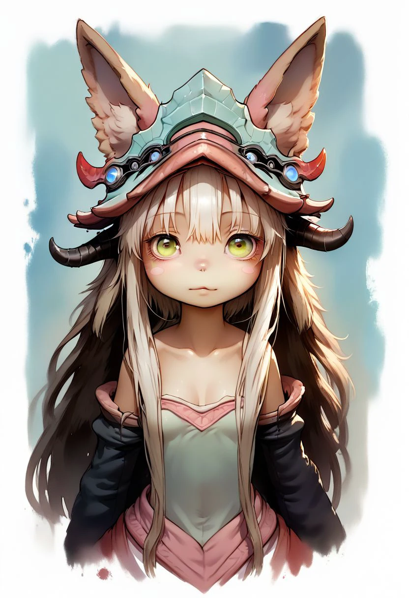 Faded Headshot, faded bottom, faded edges ,score_9,score_8_up,score_7_up,score_6_up,score_5_up, rating_safe,
1girl, nanachi, \(made in abyss\)/,(ultra HD quality details), green eyes, white hair, furry, animal ears, tail, sidelocks
helmet, long hair, ears through headwear, 
short hair, animal ears,
puffy pants,
(skinny), cute, firm breasts, (petite girl),  pretty girl, vivid colors, 
beautiful, centered, looking at the camera, approaching perfection, dynamic, moonlight, highly detailed, watercolor painting, artstation, concept art, smooth, sharp focus, illustration, 
small breasts, deep cleavage,