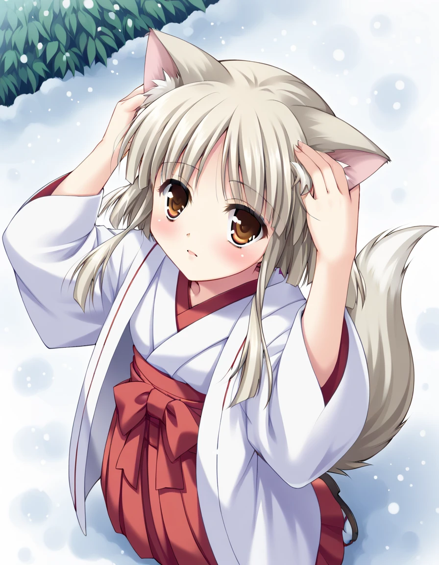 <lora:natsusamaXL_pony_3:0.7> score_9, masterpiece, best quality, 1girl, solo,
natsu-sama, tail, japanese clothes, haori, red hakama, 
looking at viewer, winter, snowing, blush,  from above, looking up, hands on head