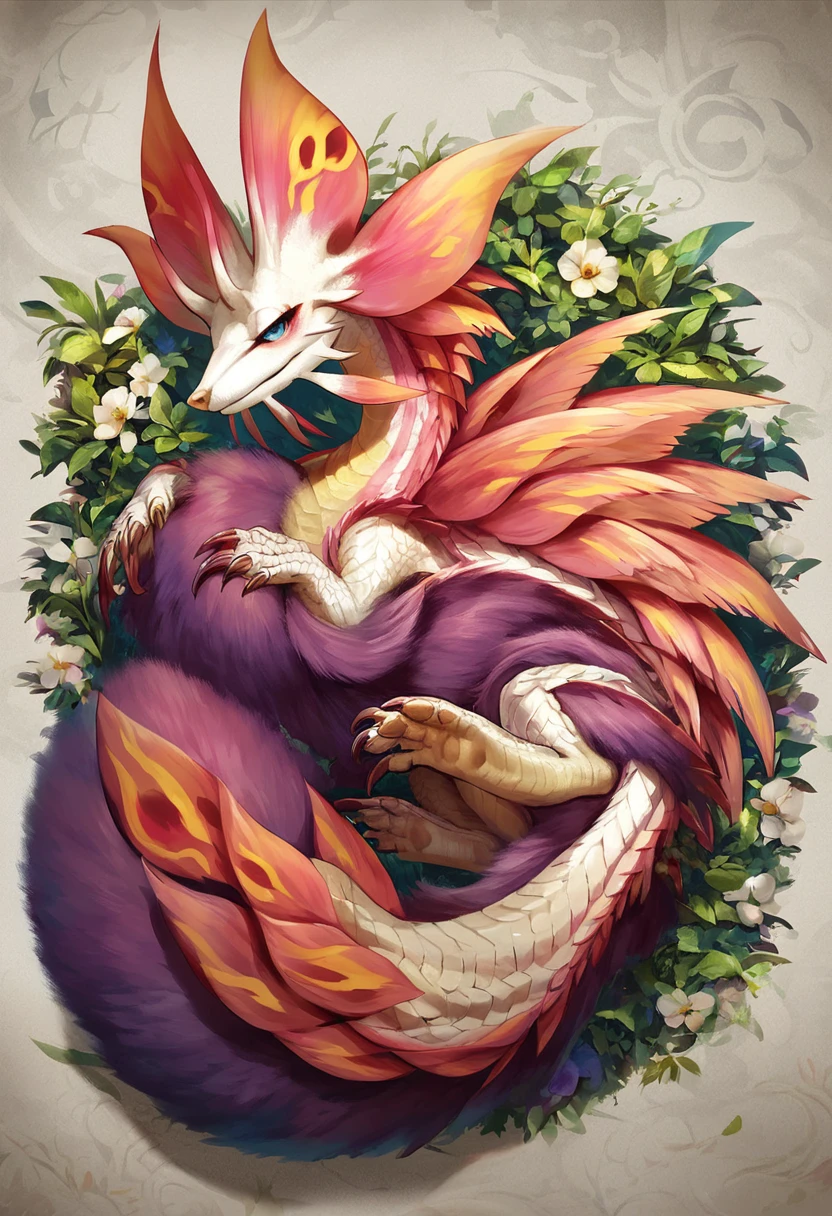 (mizutsune, cute, kawaii, feral, full body), dragon, feral, sleeping curled up, narrowed eyes, blue eyes, looking at viewer, pink head frill, female, white scale, purple fur, pink fin, wide dragon tail, fox dragon, claws, (liverside, flower), detailed, masterpiece, score_9, score_8_up, score_7_up, score_6_up, best quality <lora:Mizu_Pony:1>