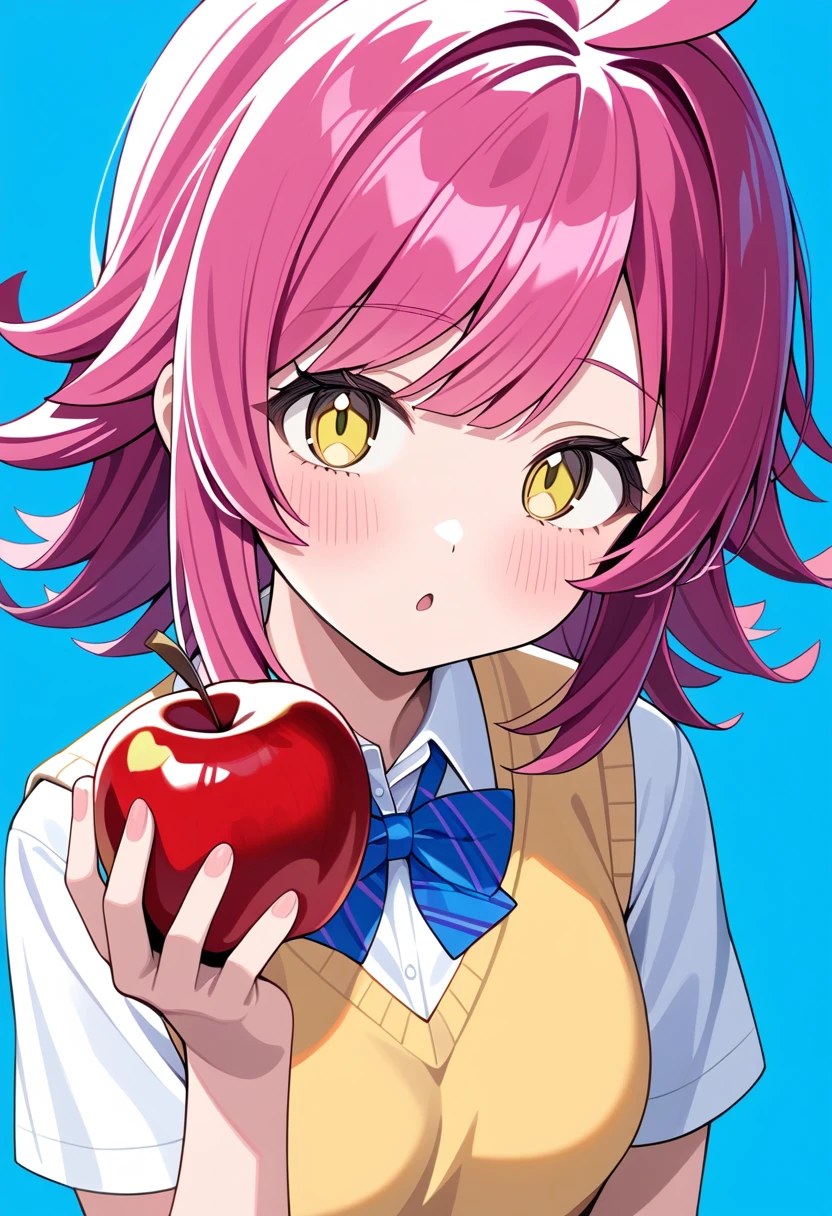 1girl, 1 tennouji rina, holding apple, yellow eyes, short sleeves white shirt and blue bowtie and yellow sweater vest otonokizaka school uniform, medium hair, simple blue background, masterpiece, best quality, newest, absurdres,