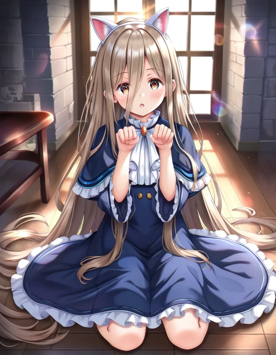 score_9, score_8_up, score_7_up, score_6_up,score_5_up,score_4_up, 1girl sitting on a on the floor, paw pose, open mouth, fake cat ears, castle, lens flare, window
<lora:higegepon_style_pony6_v1:.8> <lora:sense_sousou no frieren_PONY_last:0.6> sense \(sousou no frieren\),brown eyes,very long hair,absurdly long hair,hair between eyes,eyes visible through hair, blue capelet,frilled dress,white long dress