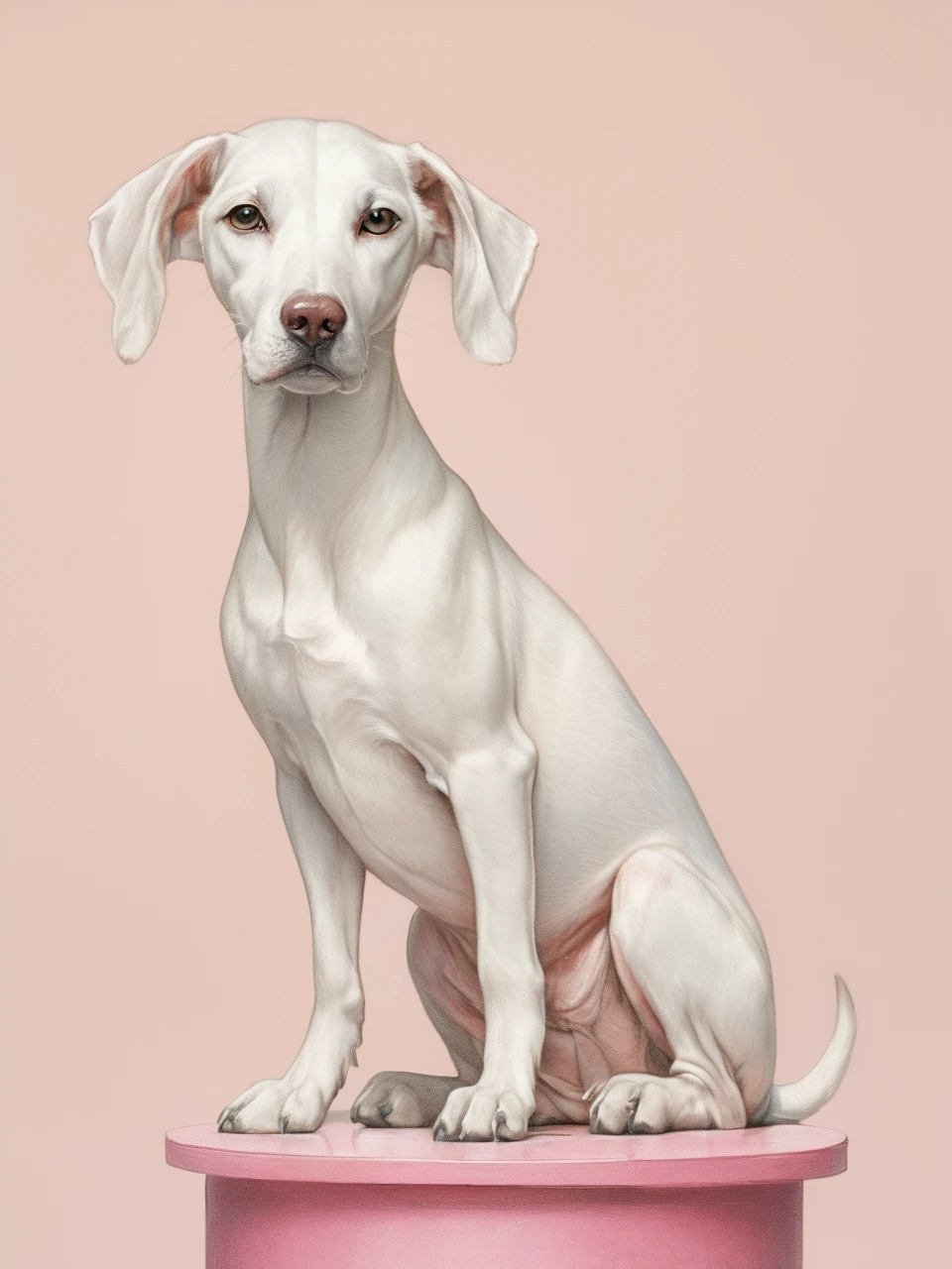 A slender, white dog with long ears and expressive eyes sits gracefully on a pink cylindrical pedestal. Its short coat is smooth and clean, and it exudes a sense of calm and attentiveness. The dog's ears hang down, framing its face and enhancing its gentle expression. The background is a plain, soft beige, highlighting the dog's elegant and delicate features,
ddpapa,<lora:Detail_Adamov_V1:0.7>,, masterpiece, best quality,