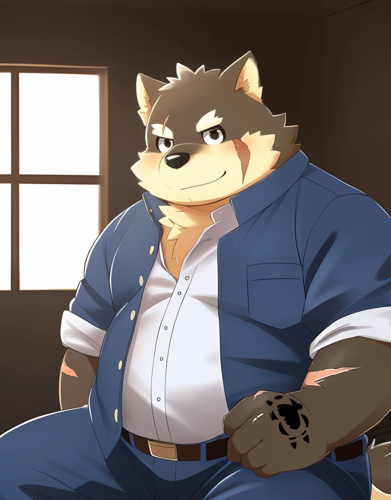 (((detailed eyes, detailed face))), (furry, moritaka <lora:character_moritaka_findigo_v1:0.9>, two-tone fur, dog boy, snout, black eyes, scar, tattoo), male, (solo), (plump, fat, chubby, overweight), ((open  gakuran, blue jacket, (yellow button), open clothes, short sleeves), blue pants), sitting, (arms behind back), smile, (front view) BREAK (konzaburou, ukan_muri), bedroom, (flat shading, high brightness), 8k, UHD, masterpiece, (full body), (scar on face, scar on cheek, scar on chest, scar on arm, scar on nose)