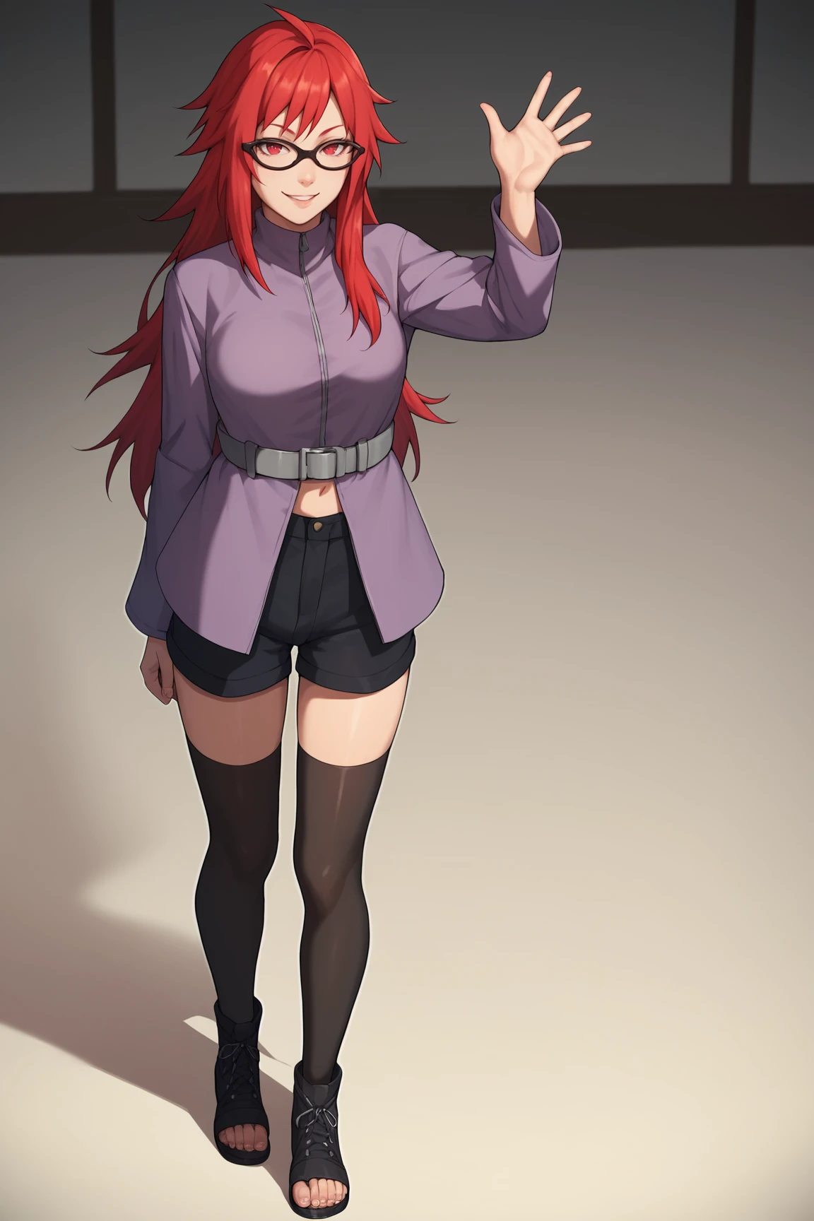 score_9, score_8_up, score_7_up, score_6_up, score_5_up, score_4_up, KarinUzumakiSXL, black glasses, red eyes, red hair, two-tone hair, long hair, sidelocks, medium breasts, purple jacket, grey belt, black shorts, black thighhighs, black footwear, toeless footwear, (solo), standing, waving, seductive smile, looking at viewer, indoors <lora:KarinUzumakiSXL:0.8>