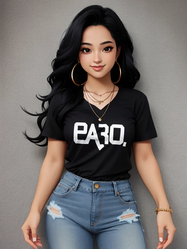 b3ckyg, 1girl, solo, long hair, looking at viewer, smile, shirt, black hair, jewelry, short sleeves, earrings, necklace, black eyes, lips, black shirt, denim, jeans, hoop earrings, realistic<lora:b3ckyg:1.0>