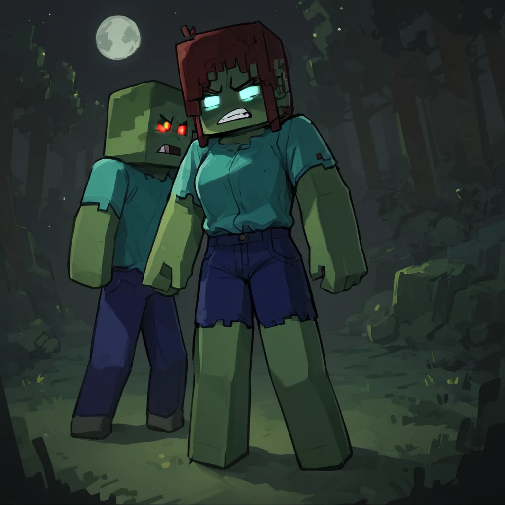 score_9, score_8_up, score_7_up, score_6_up, score_5_up, score_4_up, source_anime,  mcZombie, minecraft, forest, darkness, horrot theme, glowing eyes, angry, midnight, full moon