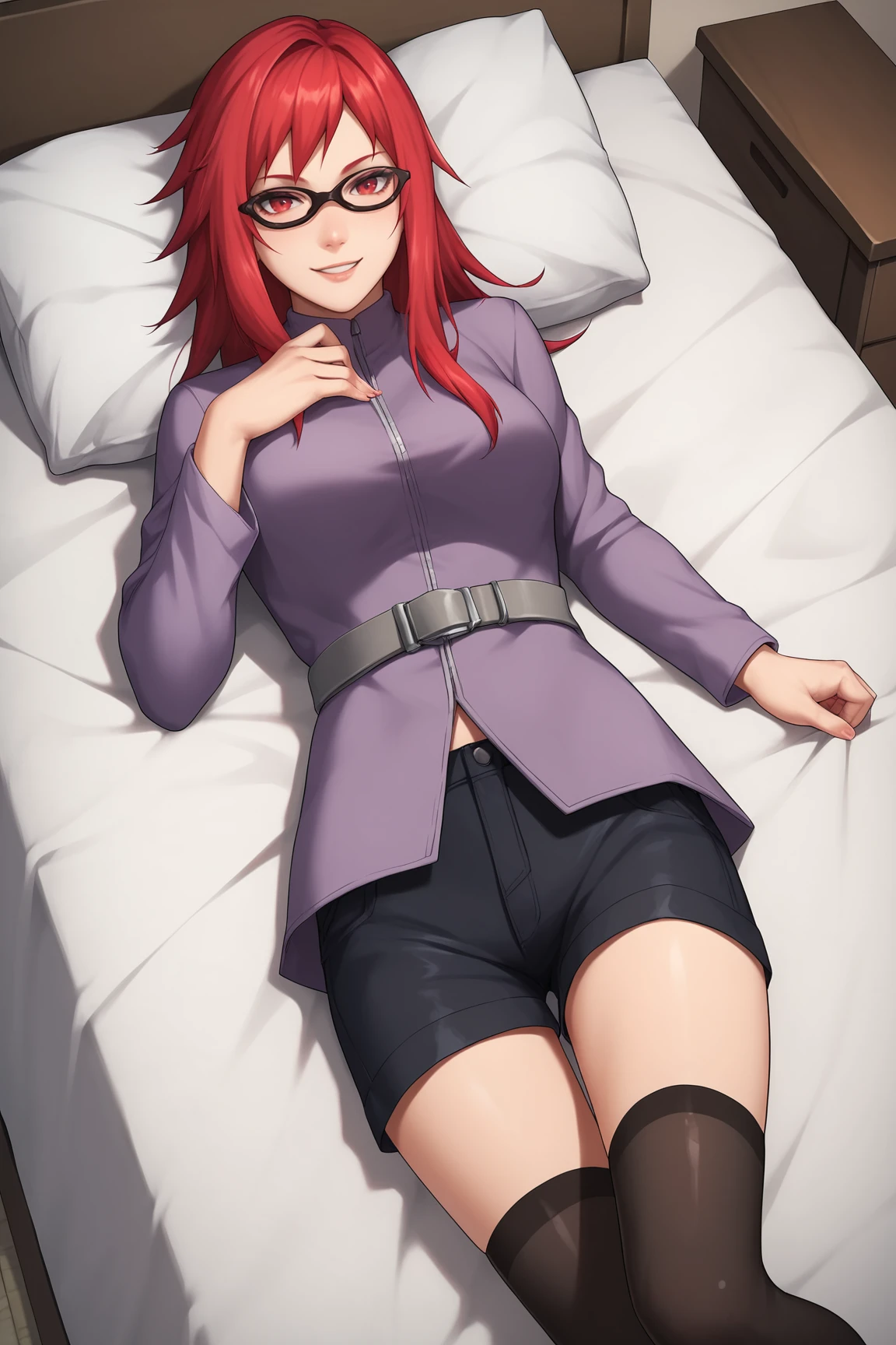 score_9, score_8_up, score_7_up, score_6_up, score_5_up, score_4_up, KarinUzumakiSXL, black glasses, red eyes, red hair, two-tone hair, long hair, sidelocks, medium breasts, purple jacket, grey belt, black shorts, black thighhighs, (solo), lying on bed, seductive smile, looking at viewer, indoors <lora:KarinUzumakiSXL:0.8>