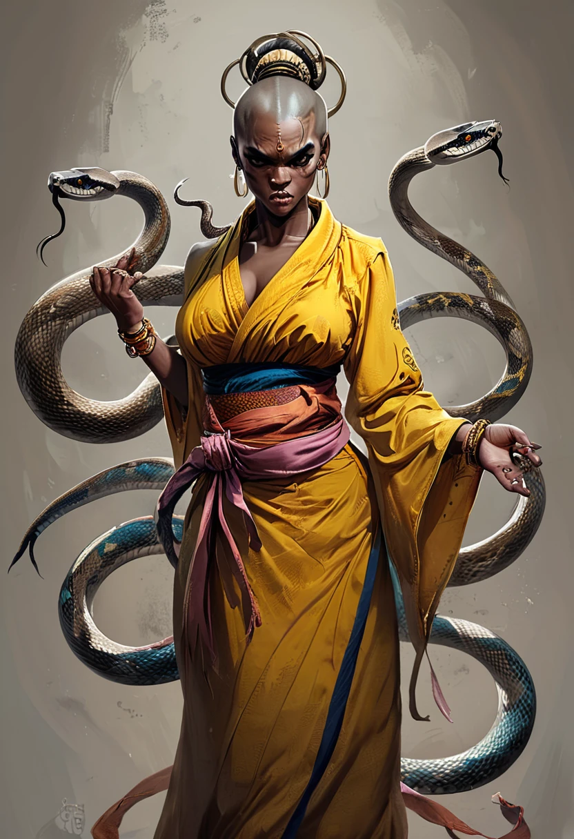 <lora:artfullySNAKEMONK:1>, artsnkmnk, character concept, illustration, snake master, monk, 
masterpiece, intricately detailed, best quality, highest resolution, normal fingers, 
 hands up, sideboob, bracelet, kimono, tongue, single hair bun, sash, breasts, dark skin, ring