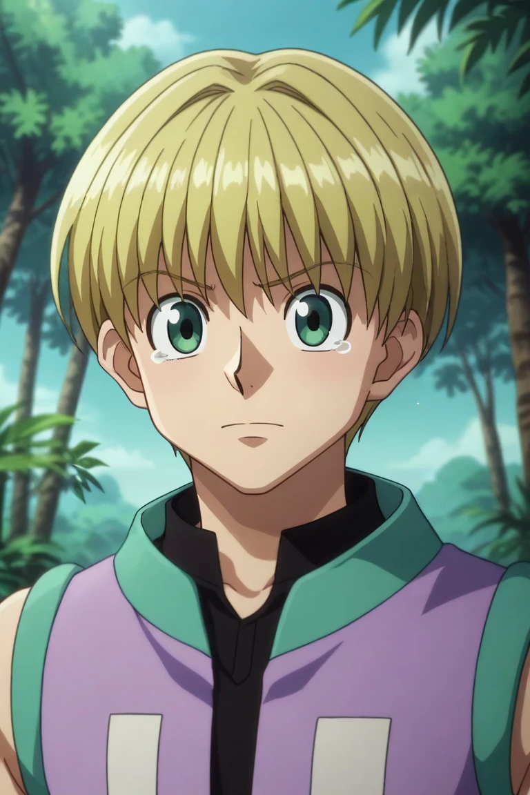 score_9, score_8_up, score_7_up, source_anime, rating_safe, intricate details, anime screencap, , , , depth of field, 1boy, solo, male focus, <lora:shalnark_ryuseih_pony:0.82>, shalnark_ryuseih, blonde hair, green eyes, short hair, sleeveless, symmetry, jungle, day, clouds, the pose, tearing up, crewneck, scally cap, <lora:sdxl_lightning_8step_lora:1>