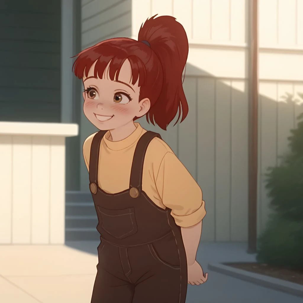 score_9, score_8, score_7, BREAK, solo, female child, rosy, red hair, overalls, yellow shirt, ponytail, outdoors, hands behind back, smile, blush, natural lighting, sunlight, shadows